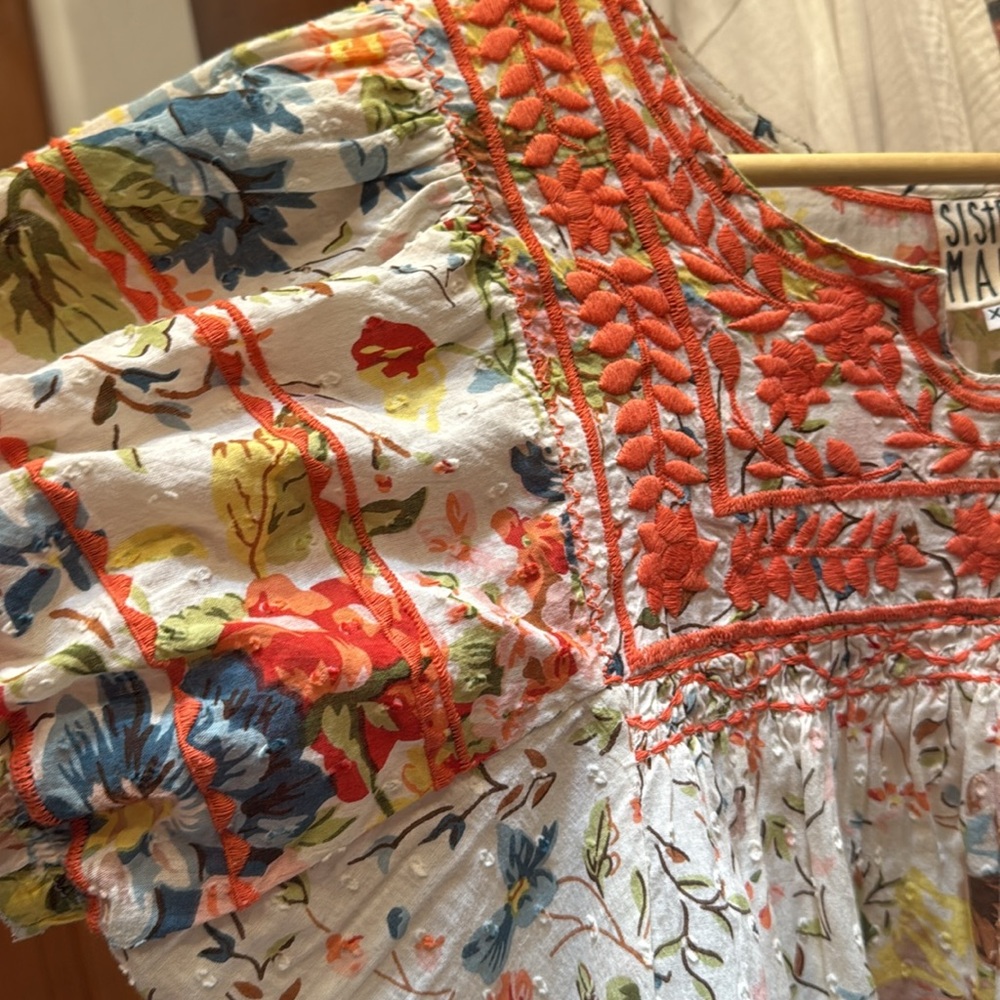 Sister Mary Coral Embroidered Floral Peasant Blouse - Picture 3 of 6
